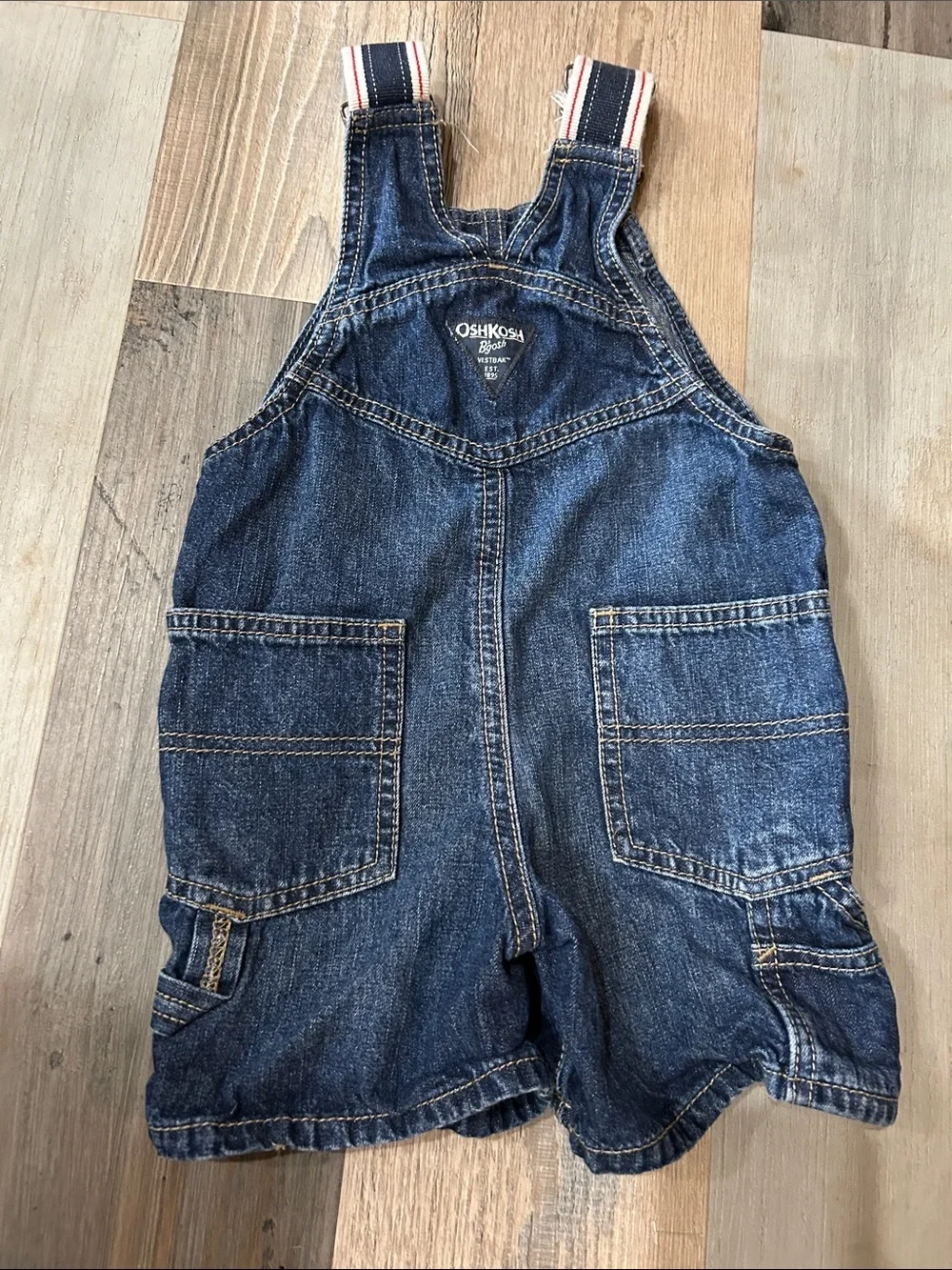OshKosh B'gosh Blue Denim Shortalls with Striped Straps Sz 2T Casual Play